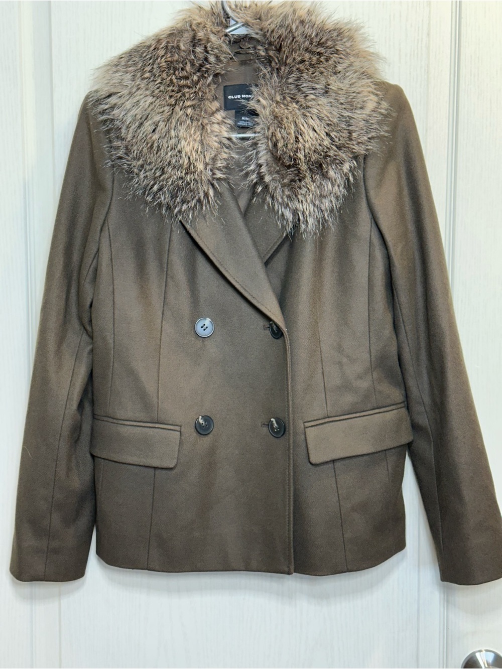 Club Monaco Taupe Virgin Wool Blend Double-Breasted Pea Coat w Faux Fur Collar M